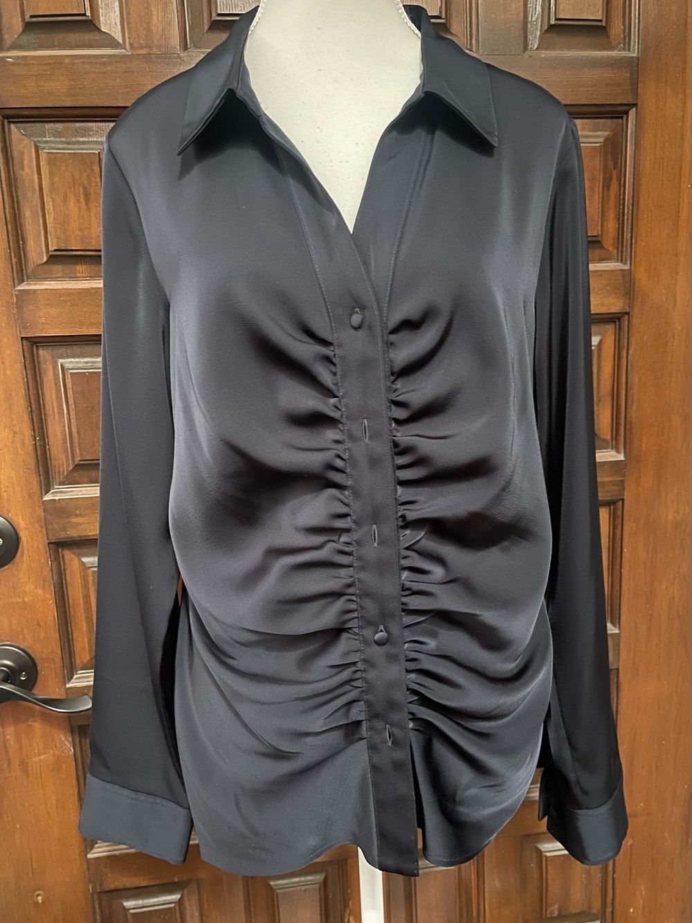 Calvin Klein Classic Black Long Sleeved Ruched Front Button Down Shirt